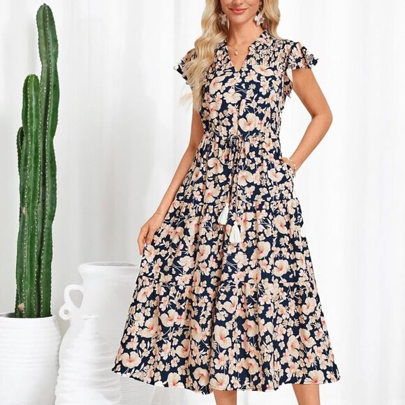 Womens Summer Floral Midi Dresses Short Sleeve Beach Wedding Guest Dress Drawstr - Picture 2 of 4